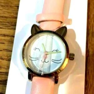 NWT Woman’s Barbie Pink Strap Black Ears Cat Face Watch WORKS